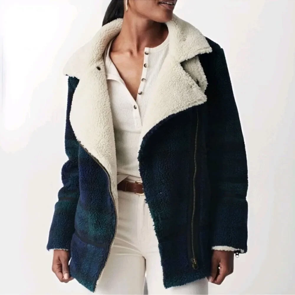 FAHERTY Montana Faux Shearling Plaid Asymmetric Zip Moto Coat Blue Sherpa Medium